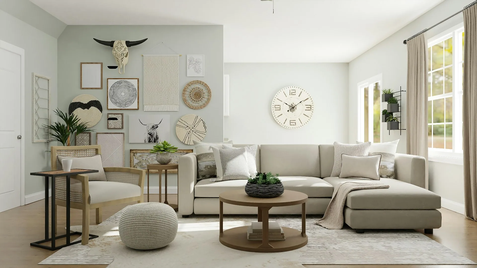 Sala luminosa con piso de madera y plantas